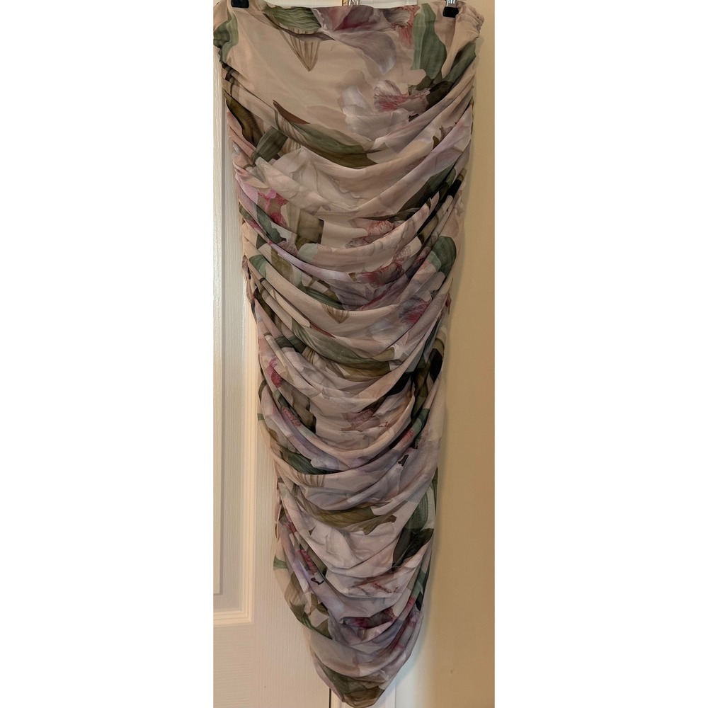 Express Conscious Edit Floral Ruched Mesh Strapless Midi Dress L NWT 07653273